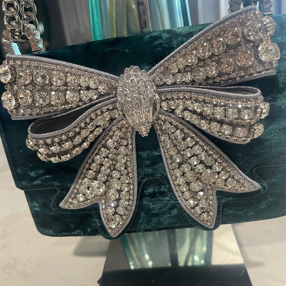 Kurt Geiger Green Velvet Bag with Crystal Embellished Bow